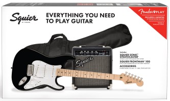 Squier Sonic  Stratocaster® Pack by Fender , Maple Fingerboard, Black, + forsterker 10watt Frontman og med bag 
